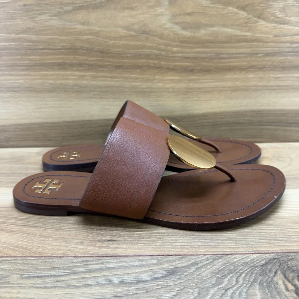 Tory Burch Patos‎ Disk Flip Flops 7 M Mou Tan Milled Calf Leather Resort Travel
